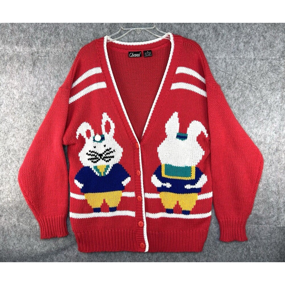 VTG Cheval Women’s Red Granny Cardigan Bunny Rabbit Grandma Easter Sweater Sz M